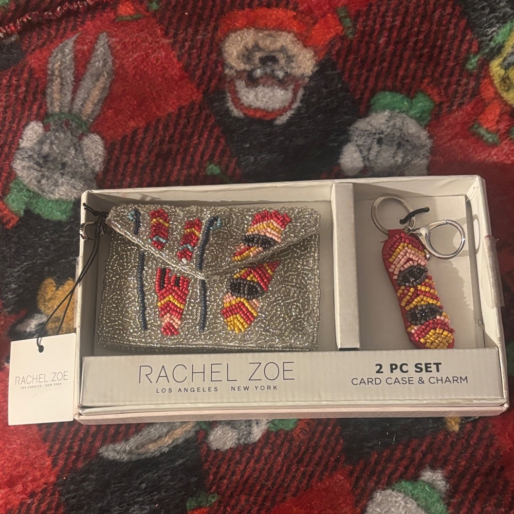 Rachel Zoe Gold Beaded Card Case & Beaded Charm with Red and Yellow Accents